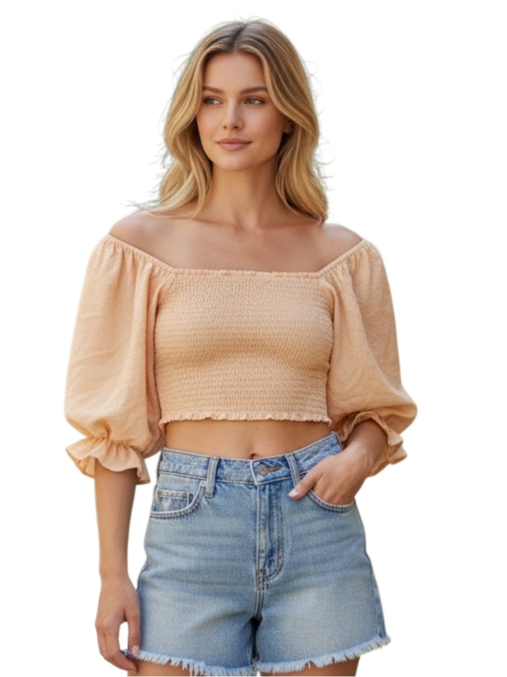 BCBGeneration Smocked Crop Top, Puff‎ Sleeves, Color Peach, Size Small NEW